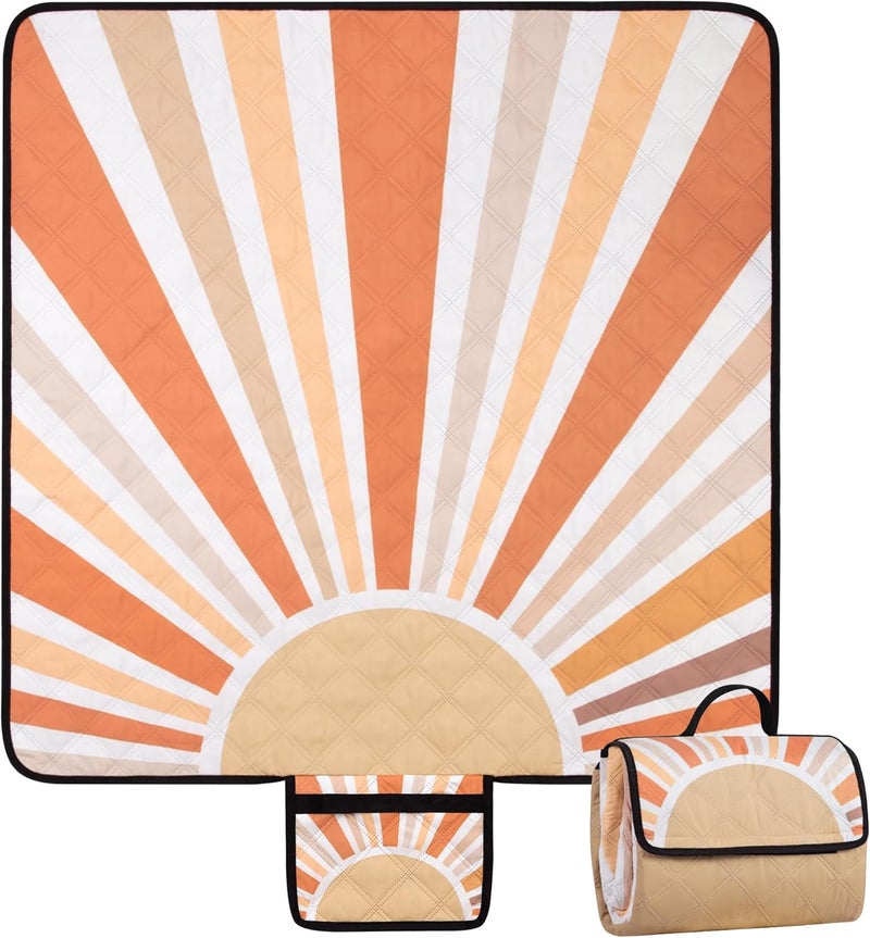 BEW Picnic Blankets Waterproof,79''x79'' Extra Large Foldable Sandproof Beach Blanket,Portable 3-Layer Polyester Outdoor Picnic Blanket for Grass Lawn,Beach,Family Camping,Park,Travel-Starburst Orange - Image 1